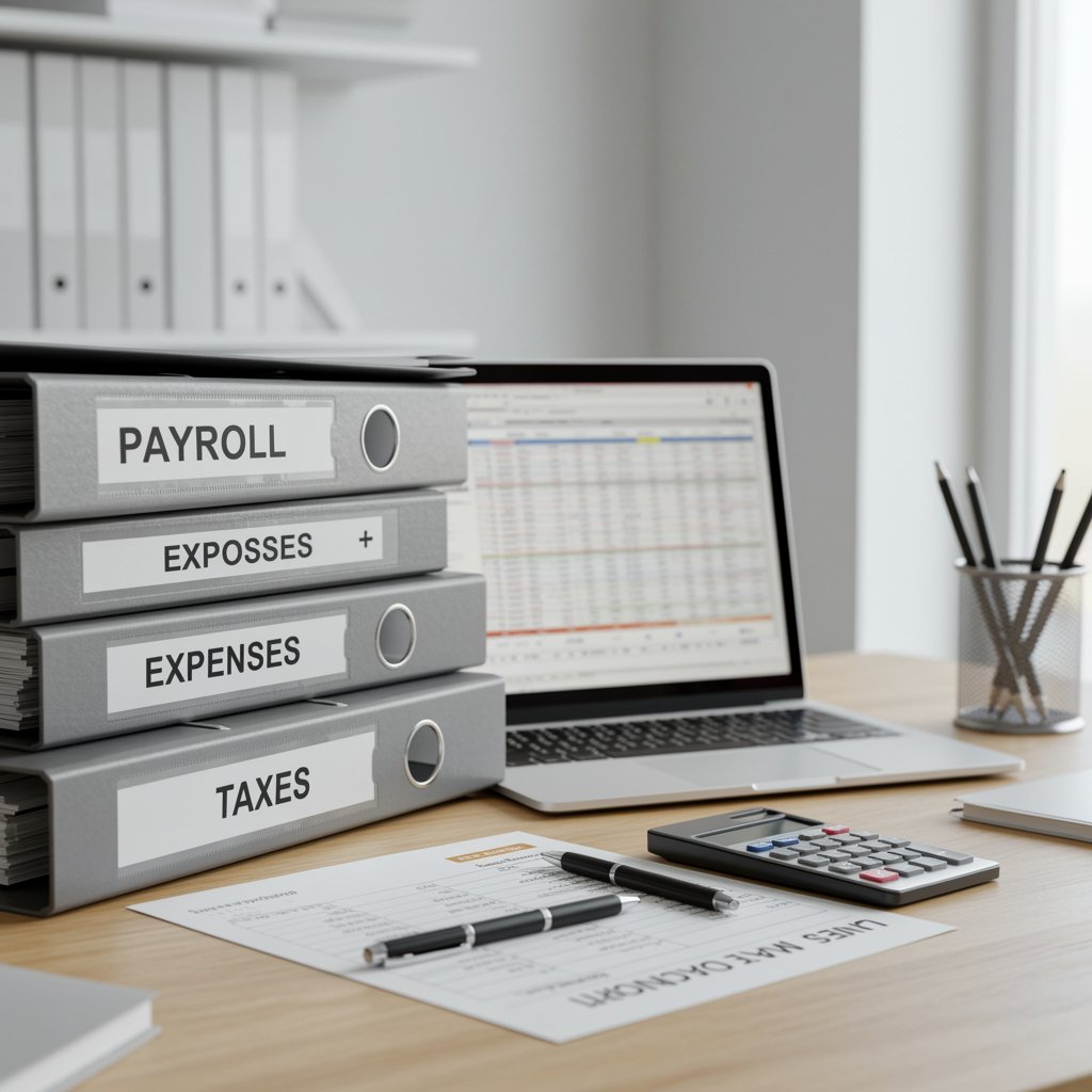Organized financial folders and laptop with spreadsheet on modern desk, representing bookkeeping services for Illinois small businesses.