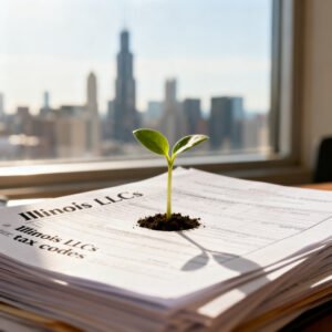 Young plant sprouting from Illinois business formation documents with a blurred Chicago skyline background, symbolizing business growth and tax planning for 2026.
